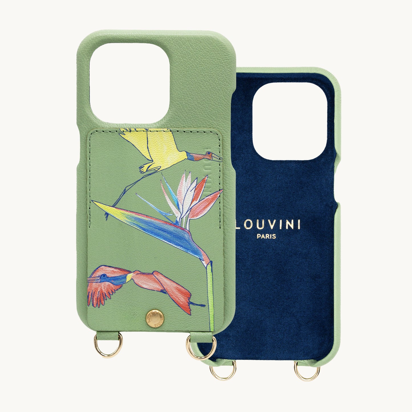 iPhone leather case with card holder and rings LOU x FILIPE JARDIM – Light Green