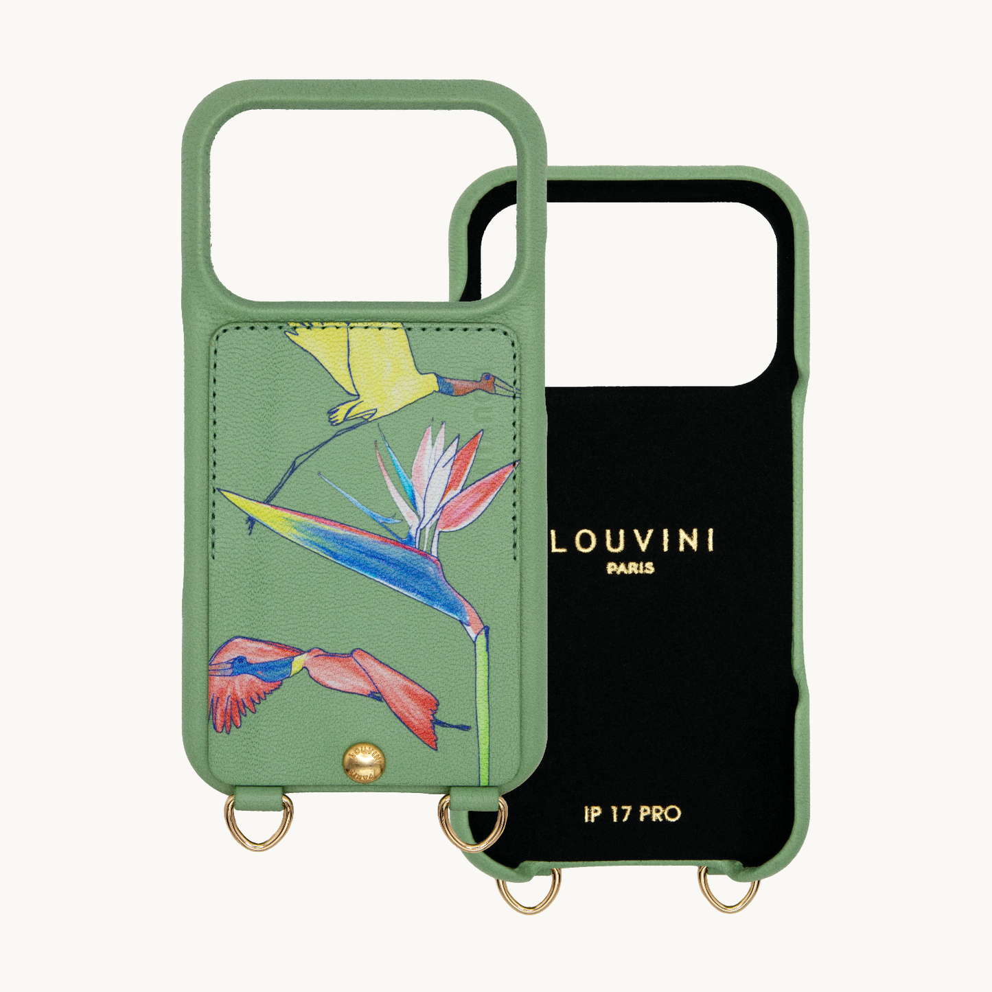 iPhone leather case with card holder and rings LOU x FILIPE JARDIM – Light Green