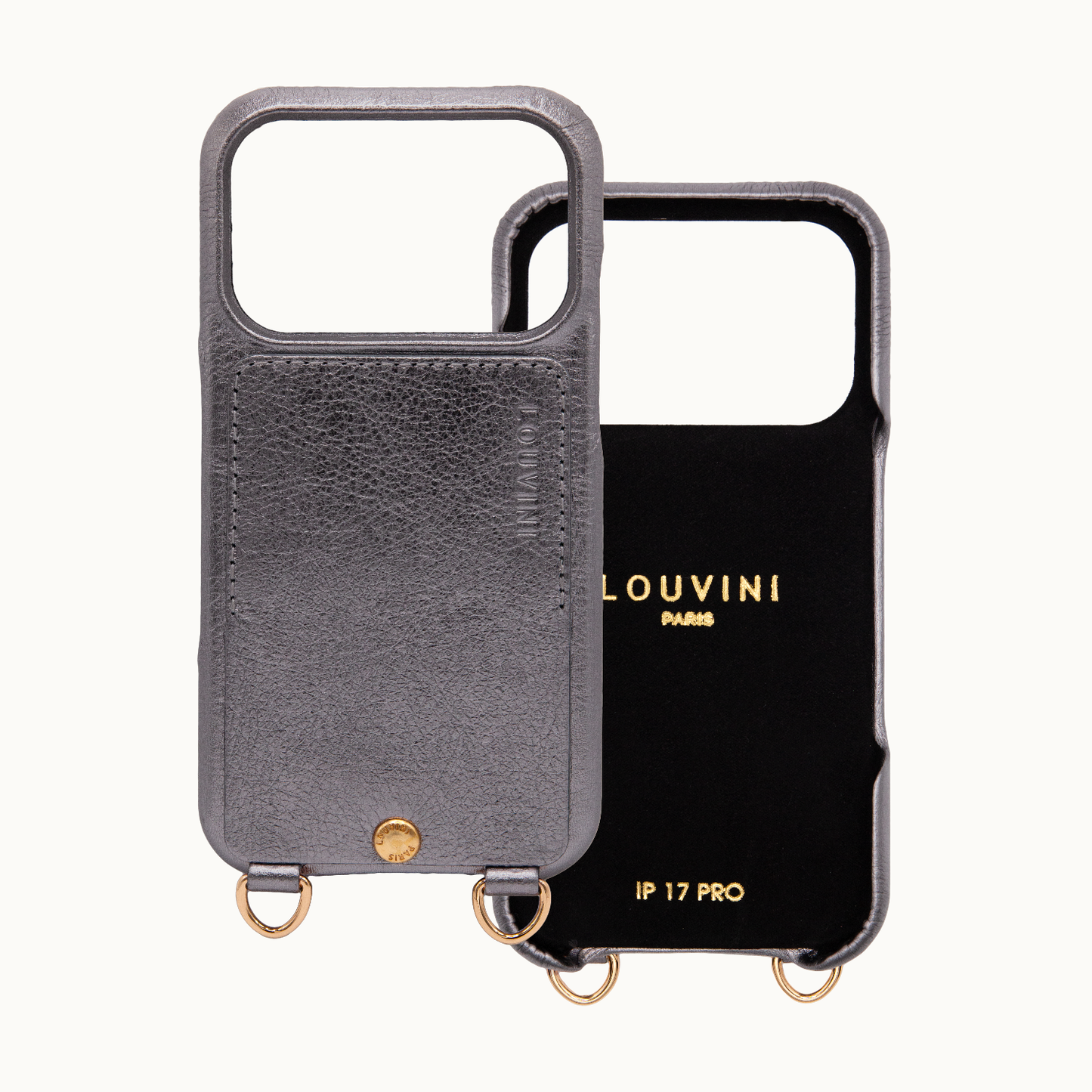 iPhone leather case with card holder and rings LOU – Metallic Anthracite