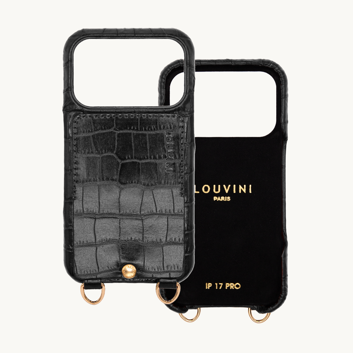 iPhone leather case with card holder and rings LOU - Crocodile Black