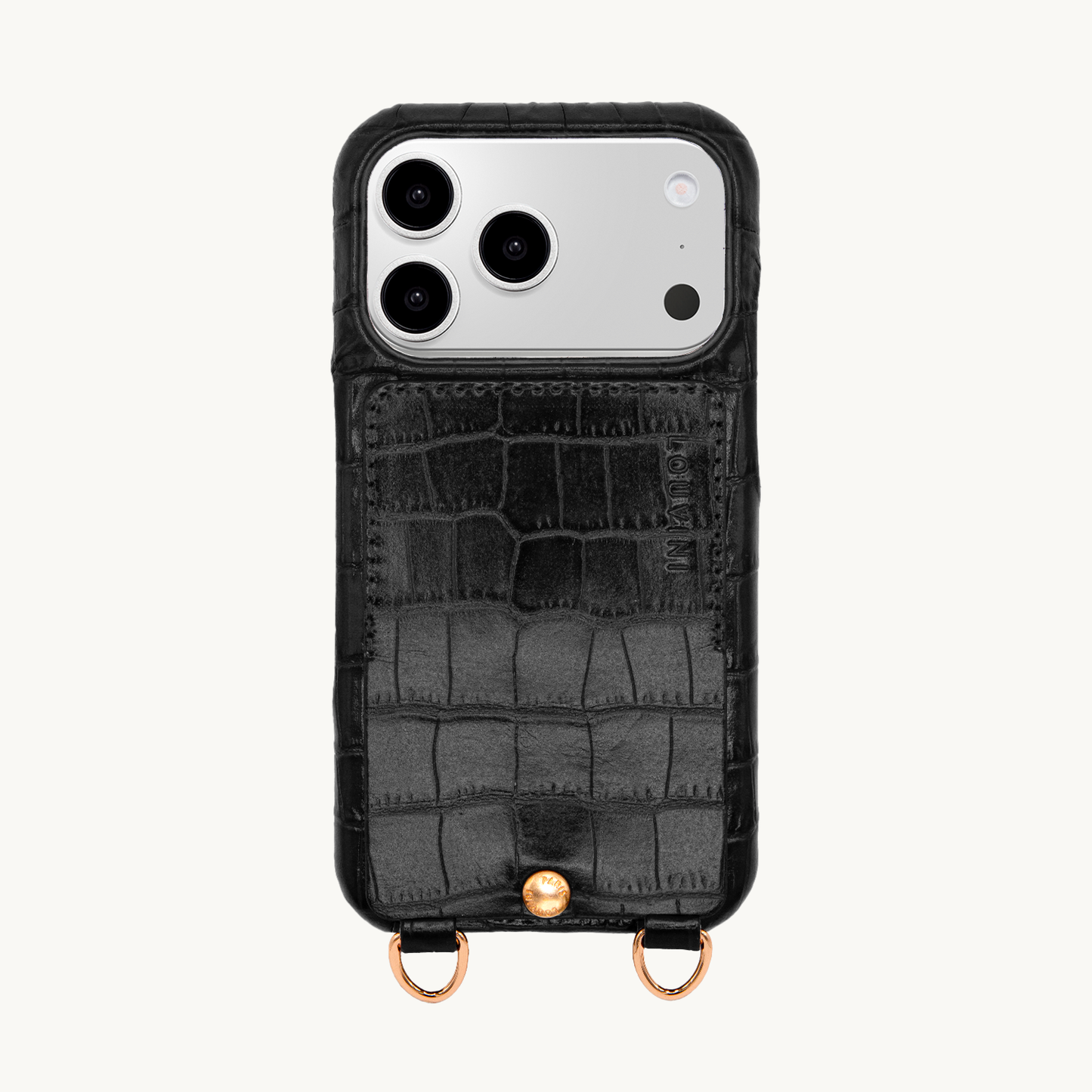 iPhone leather case with card holder and rings LOU - Crocodile Black