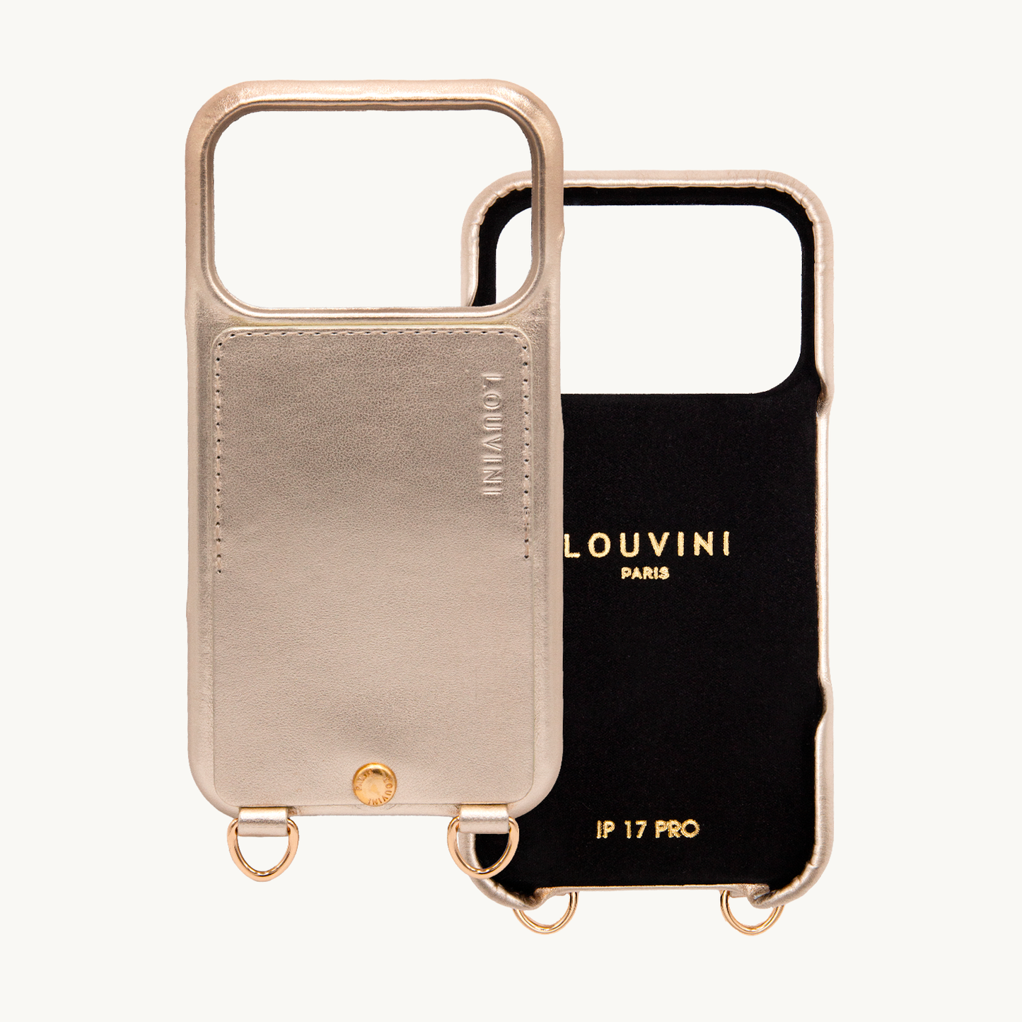 Coque iPhone cuir porte carte avec anneaux LOU - Doré métallisé