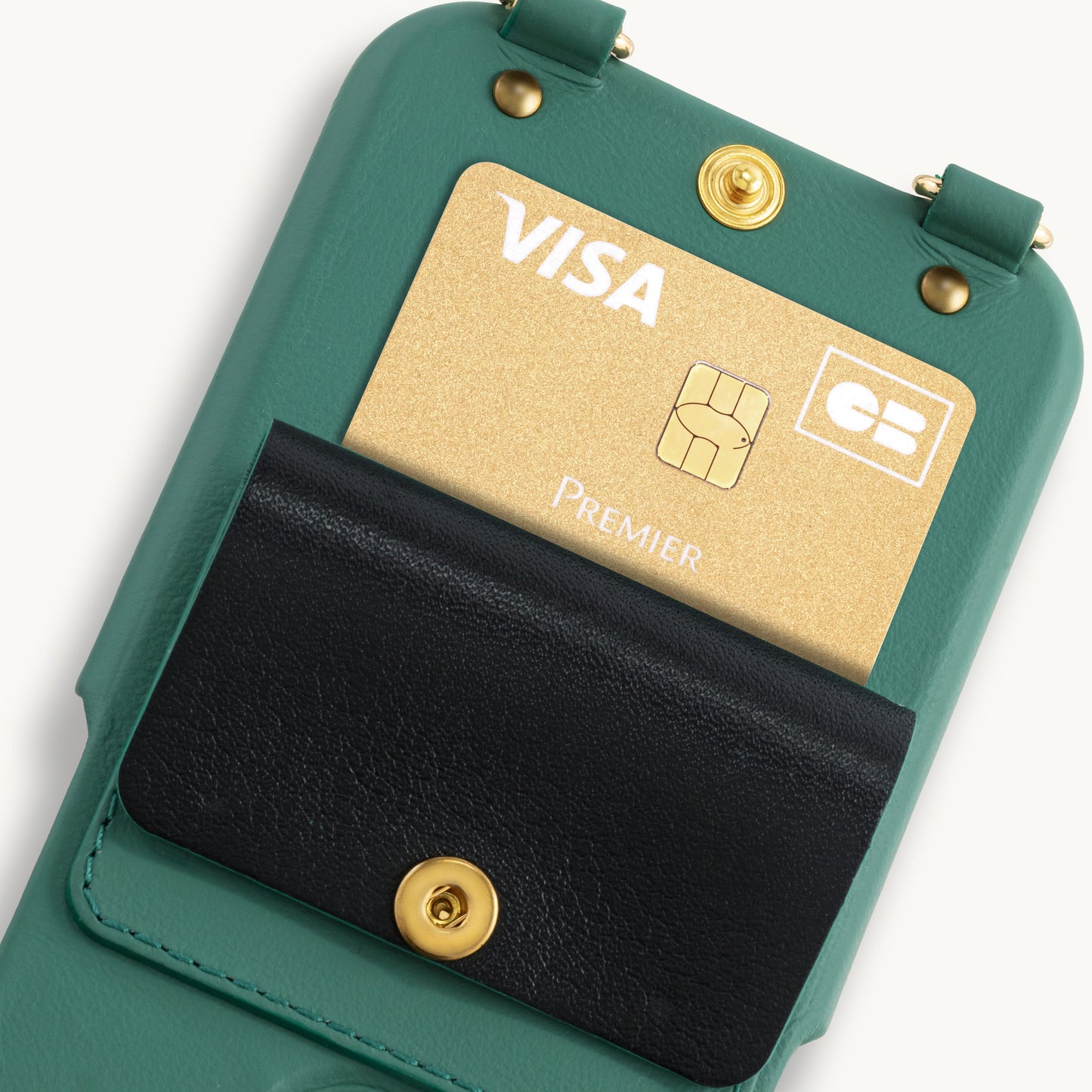 Coque iPhone cuir porte carte avec anneaux LOU - Émeraude