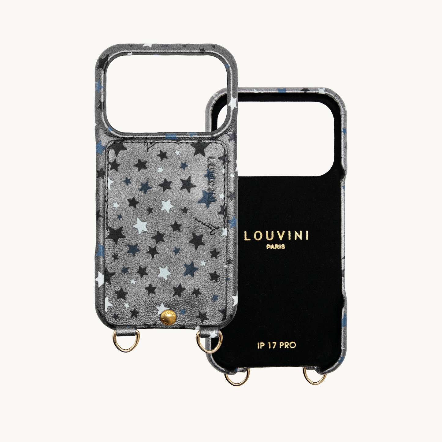 Coque iPhone cuir porte carte avec anneaux LOU - Étoiles Argenté