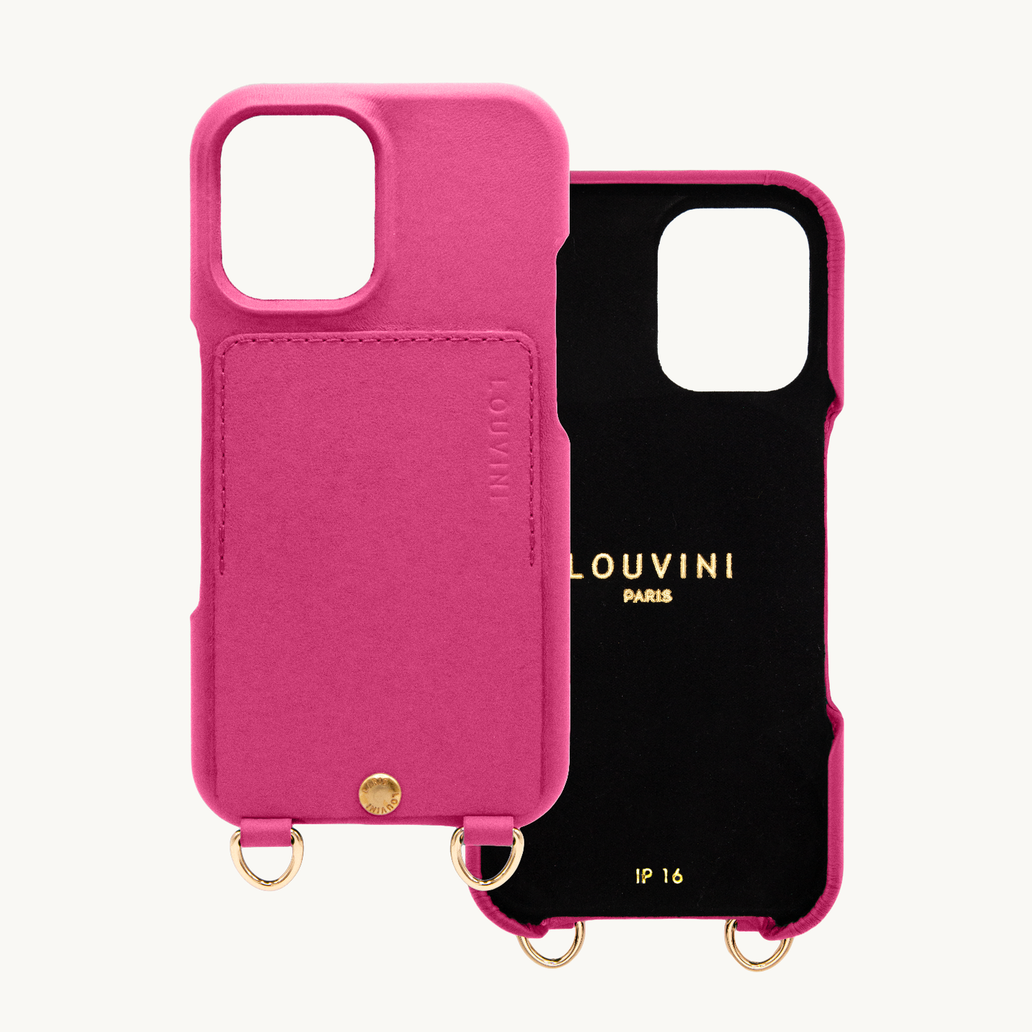 Coque iPhone cuir porte carte avec anneaux LOU - Fuchsia
