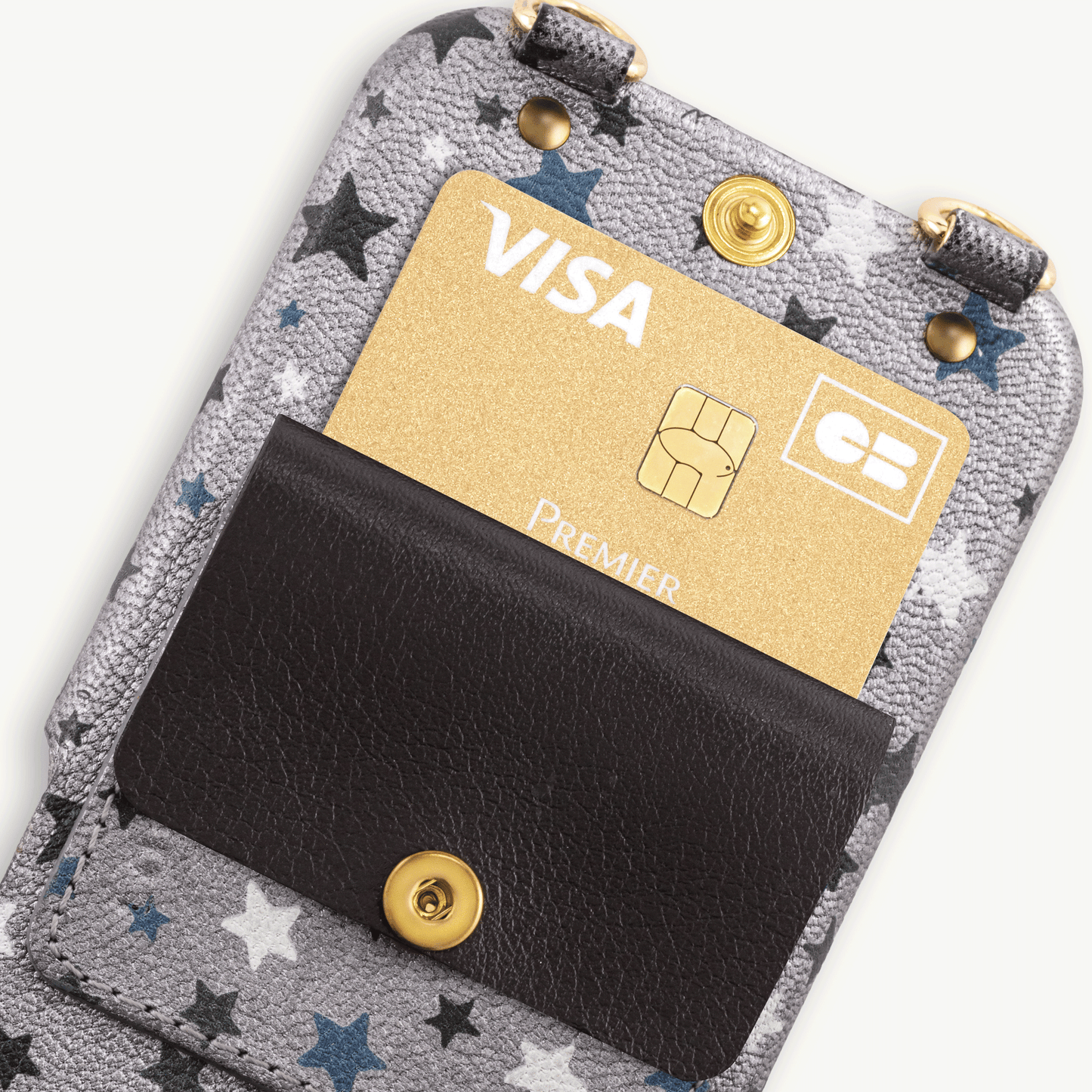 iPhone leather case with card holder and rings LOU – Silver Stars